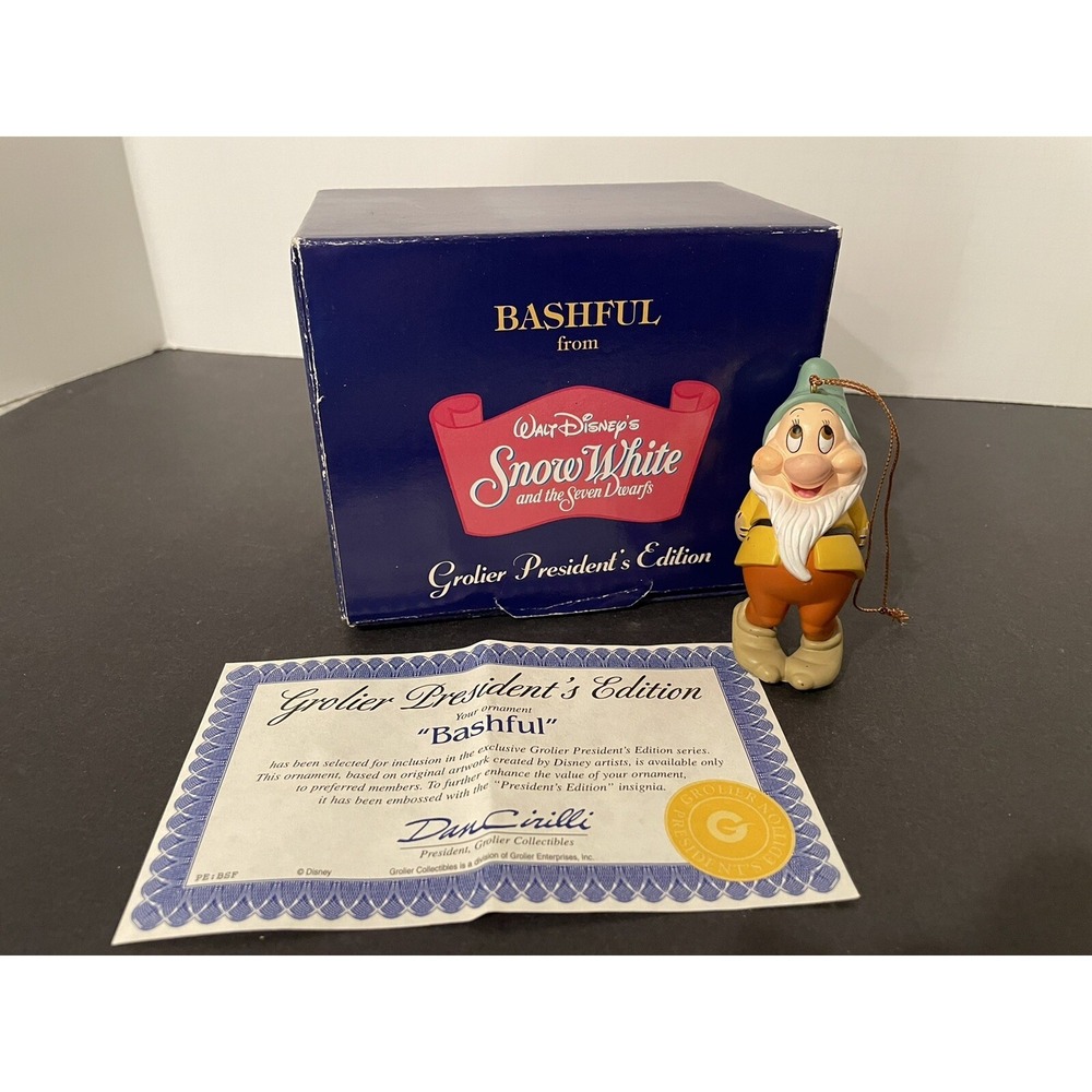 Grolier President's Edition Disney Bashful Dwarf Christmas Ornament w/Box & COA